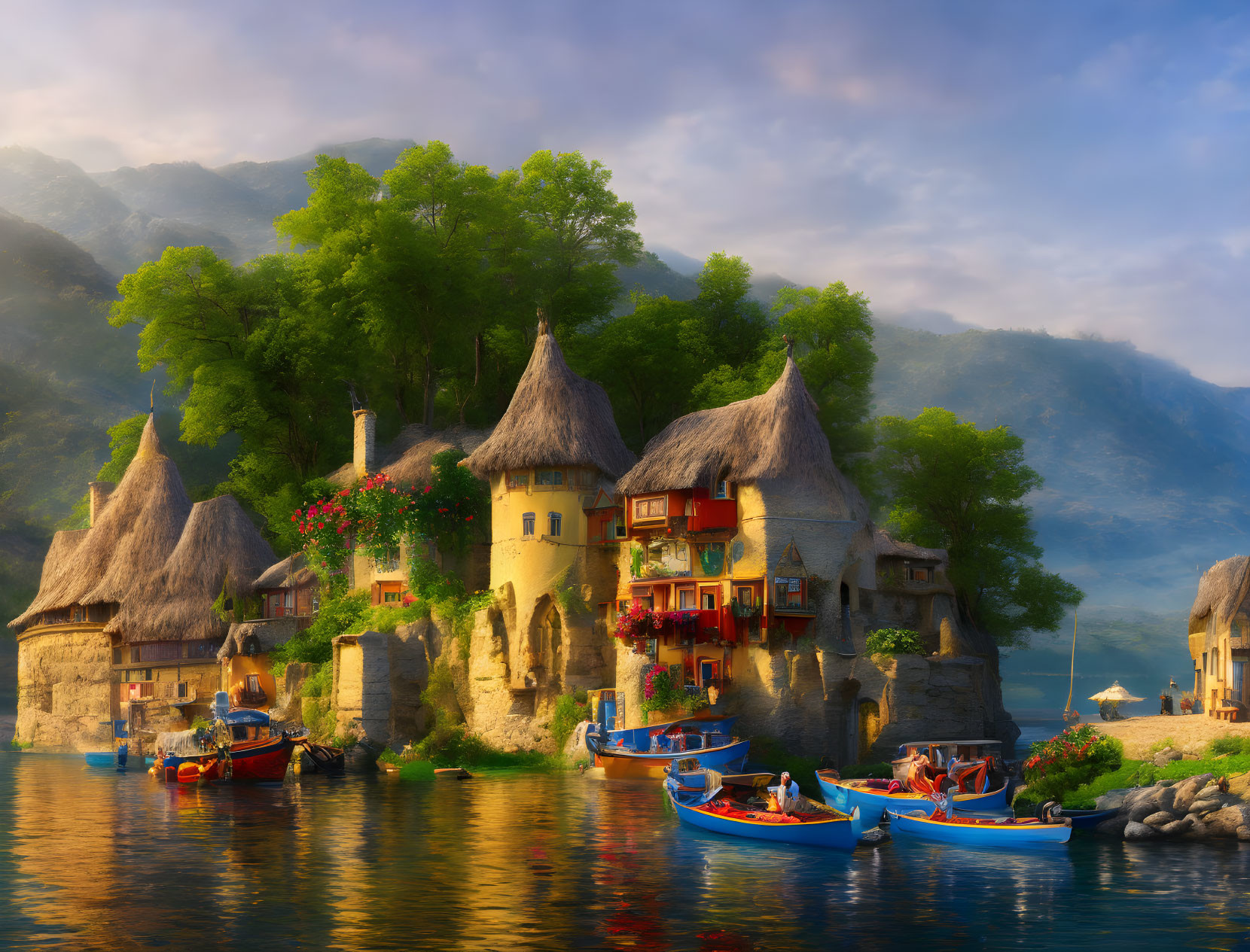 Tranquil lakeside village with thatched roofs, colorful boats, and misty mountains