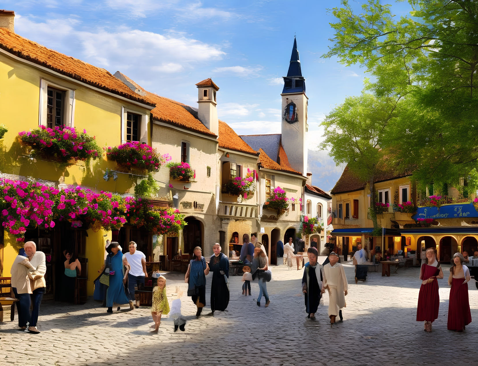 Historical village square with period costumes, cobblestone paths, and old-style buildings