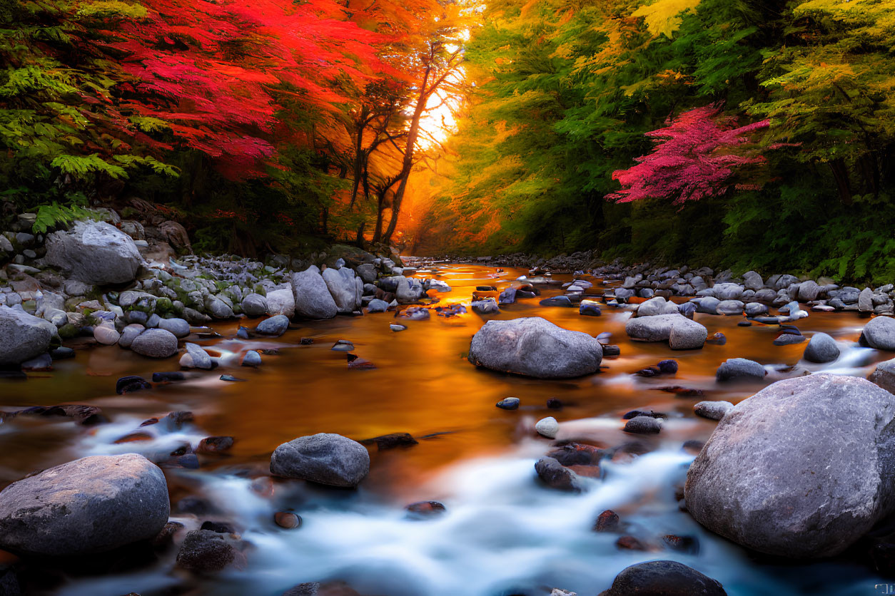 Tranquil forest river with autumn trees and smooth water