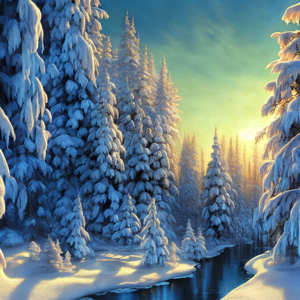 Winter scene: Snow-covered pine trees by river at sunrise or sunset