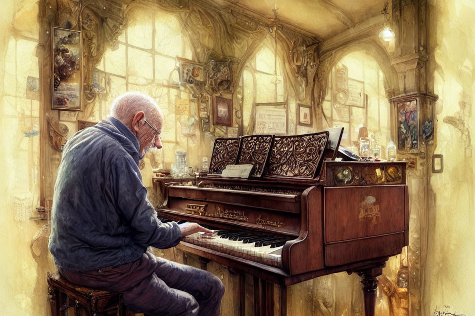 Elderly man plays grand piano in cozy, well-lit room