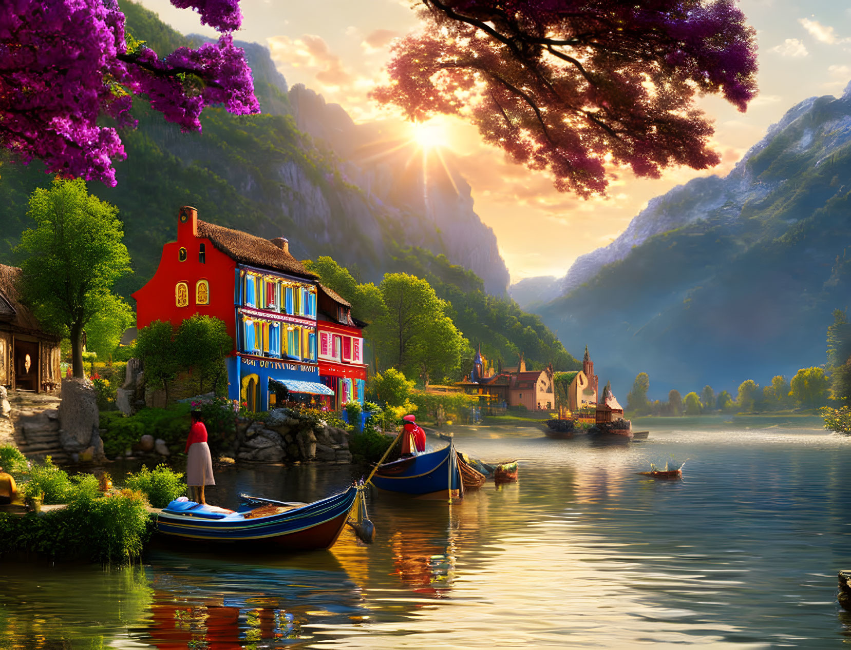 Colorful lakeside houses, boats, and setting sun over mountains and trees.