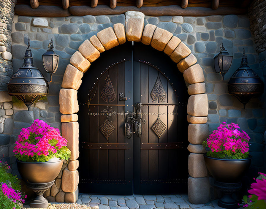 Arched wooden double door with metal hinges in stone wall, flanked by lanterns and pink flowers