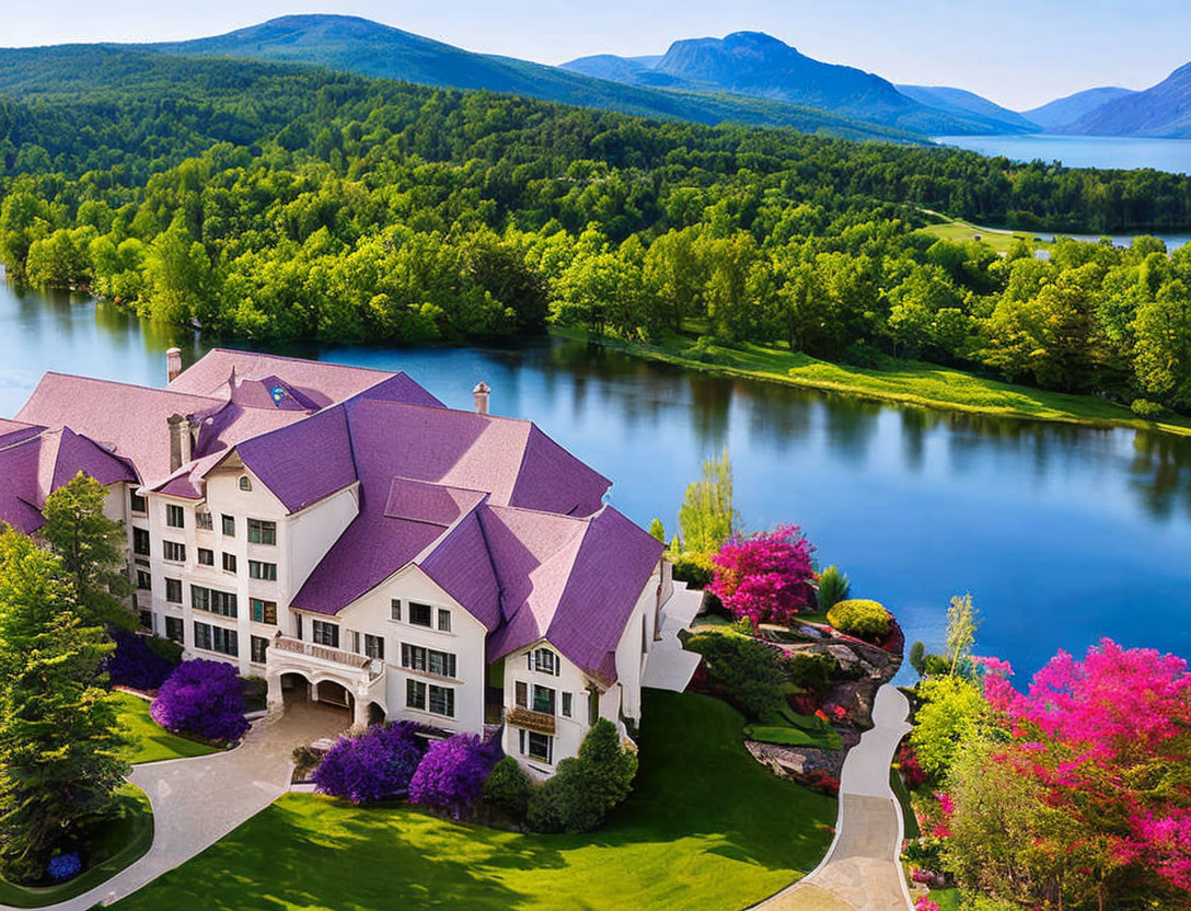 Pink-roofed hotel by tranquil lake in lush greenery