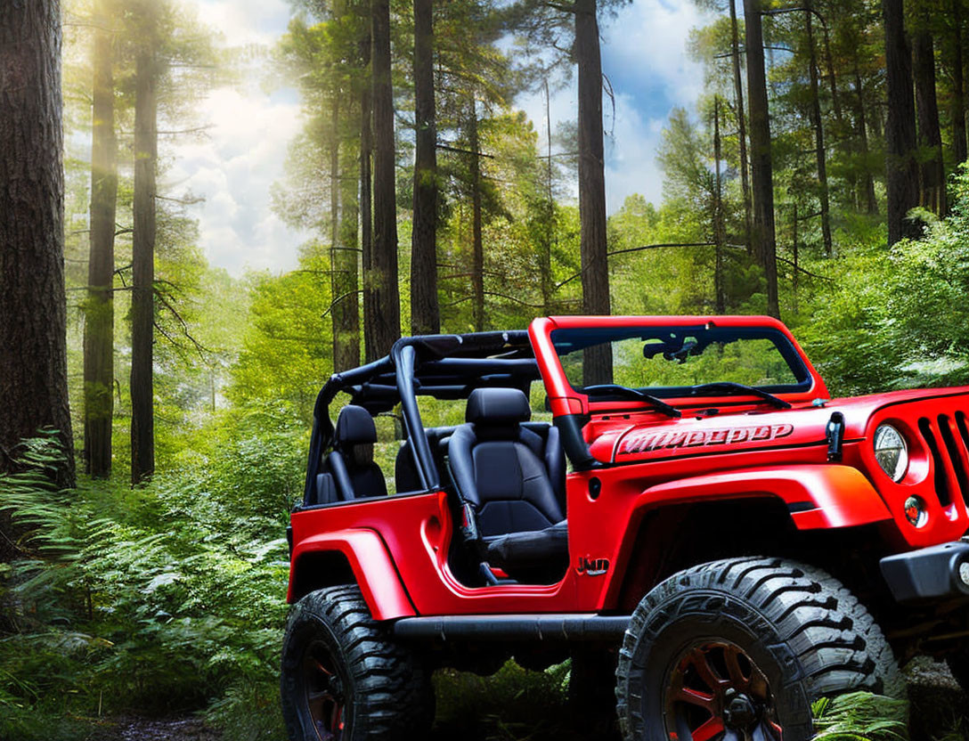 Red Off-Road Vehicle in Lush Forest Setting