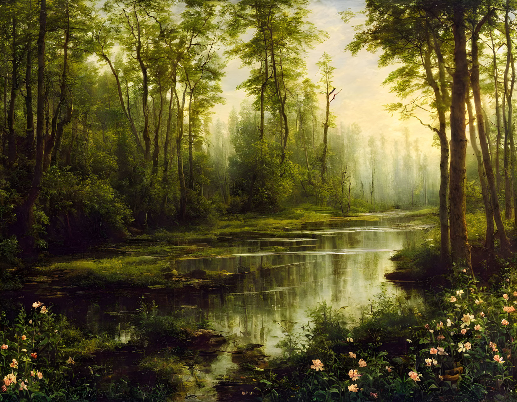 Tranquil Forest Landscape with Sunlight, River, and Wildflowers