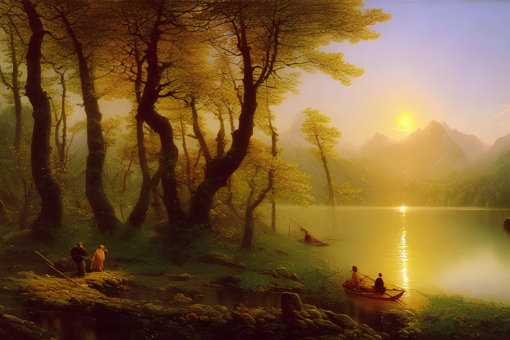 Golden sunset over calm lake with boat and autumn trees