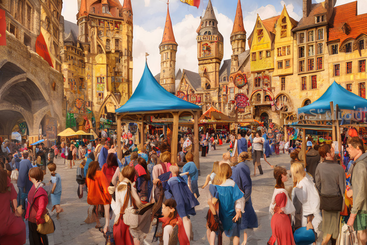 Medieval marketplace with colorful stalls and stone buildings