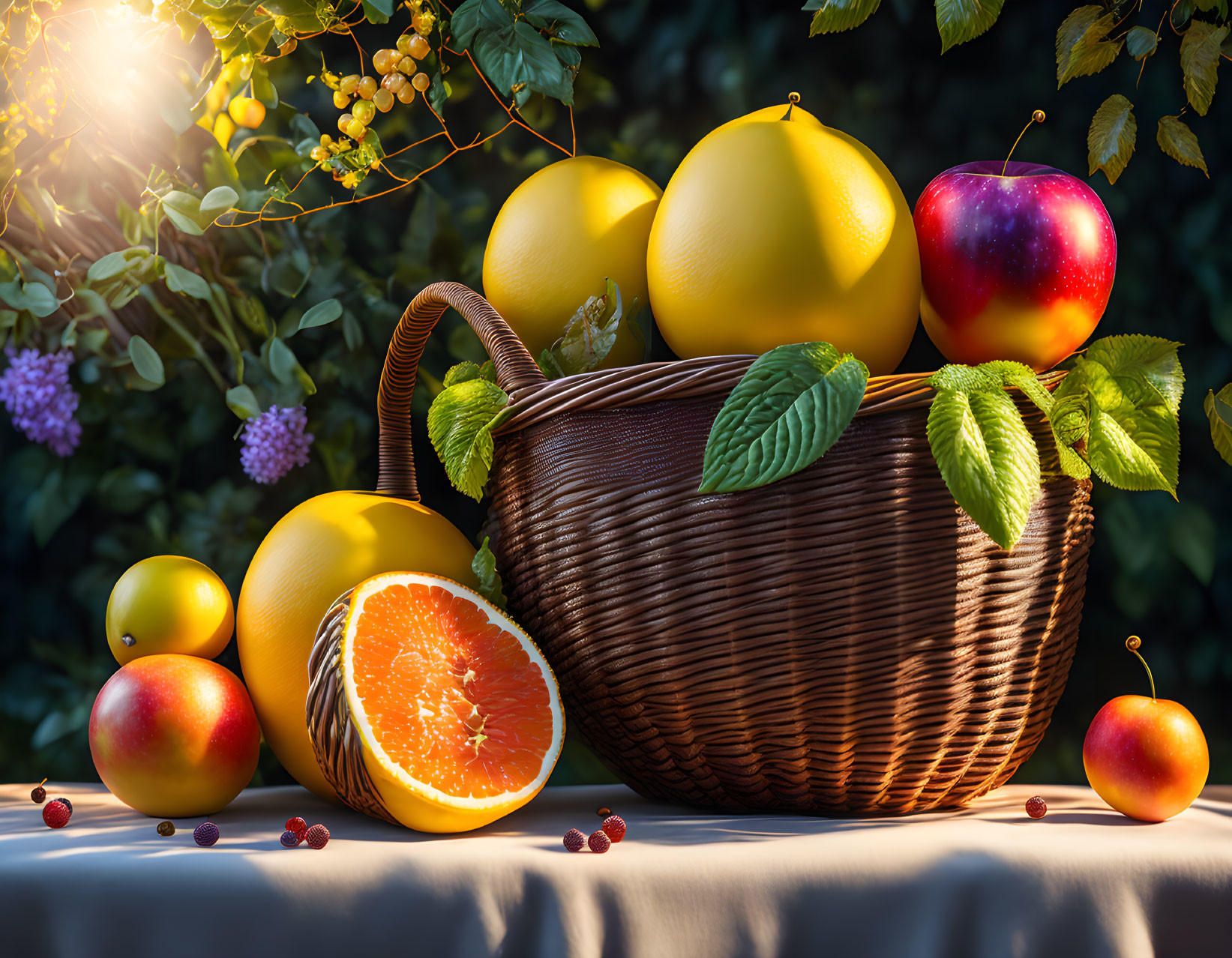 Assorted Fresh Fruits in Wicker Basket Outdoors