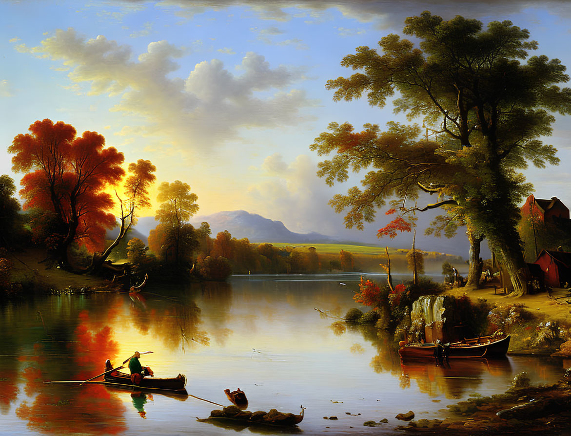 Tranquil landscape: calm river, boats, lush trees, autumn hues.