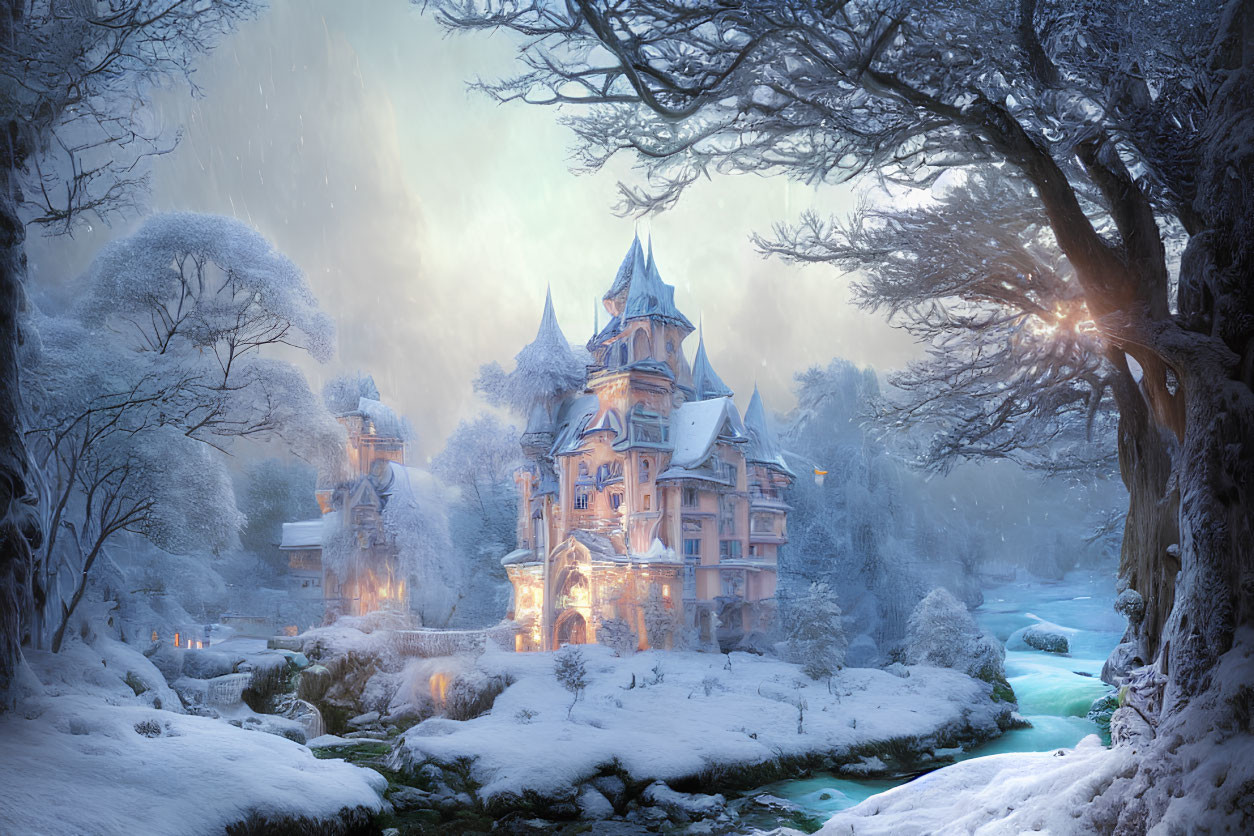 Snowy fairytale castle in twilight landscape