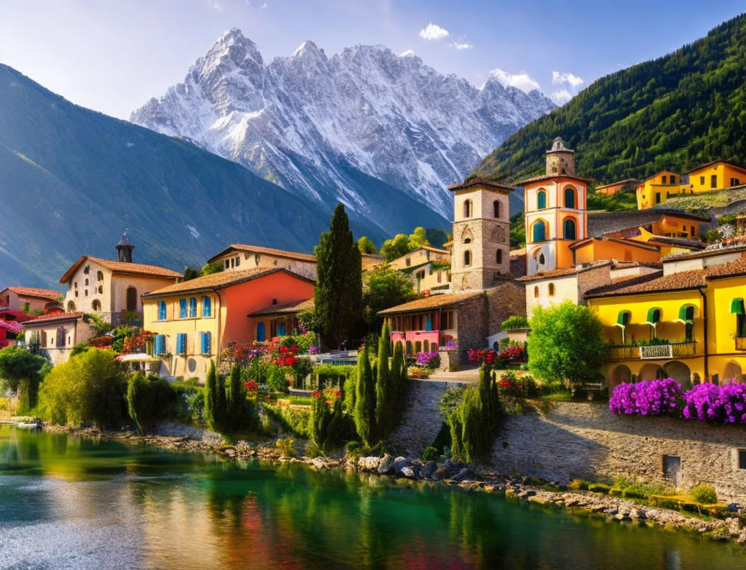 Scenic village with colorful houses, river, mountains