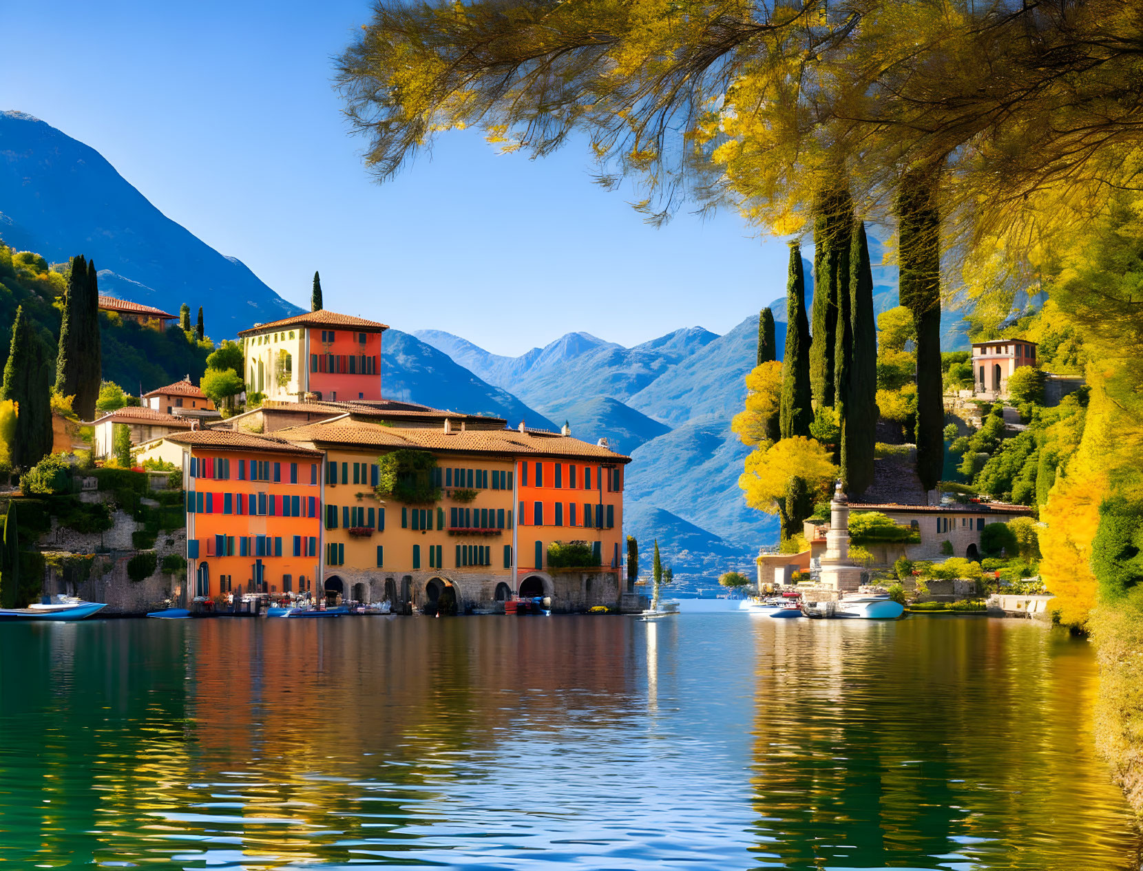 Colorful Lakeside Buildings with Mountain View