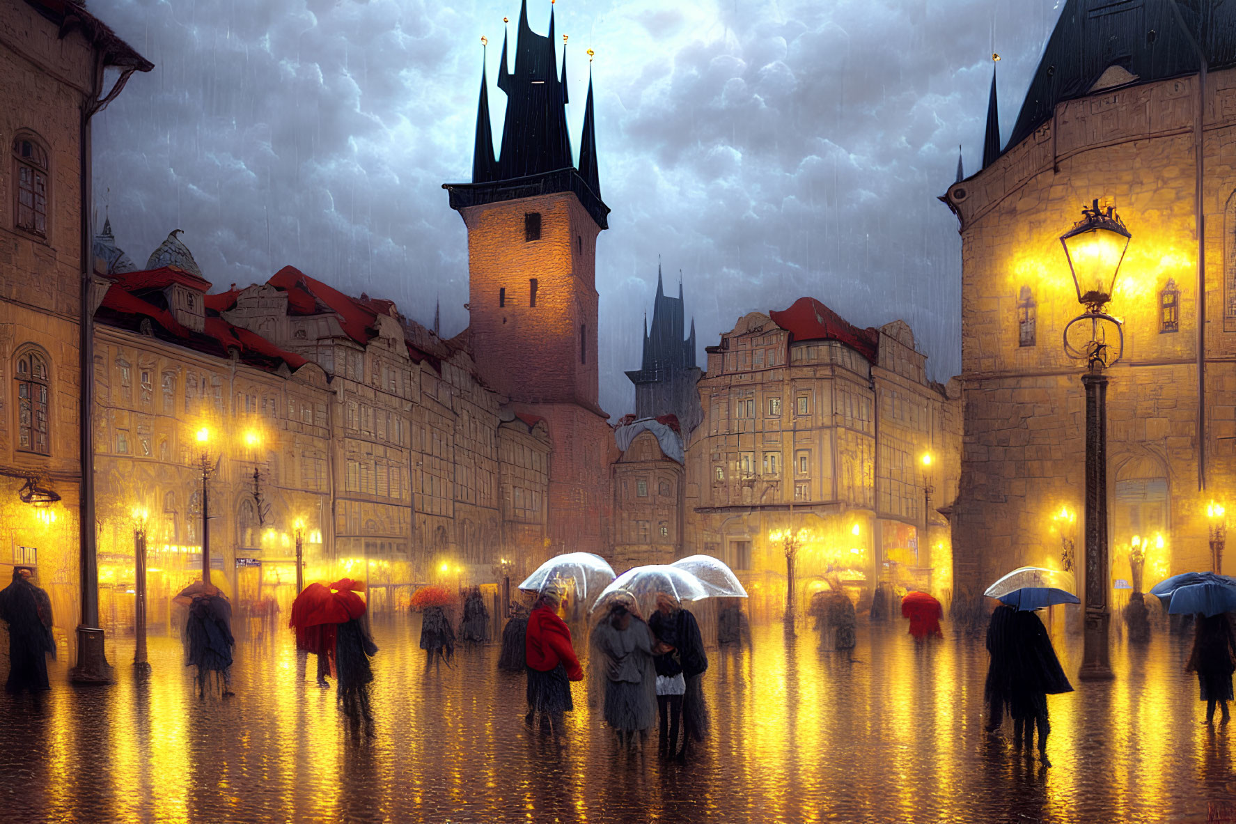 Historical square with people in rain, umbrellas, warm streetlights, Gothic towers