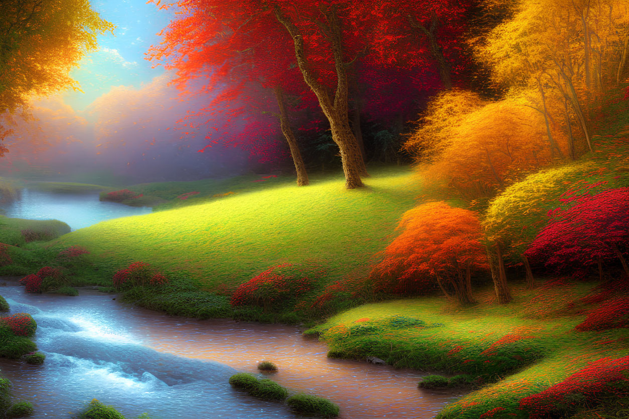 Tranquil autumn landscape with vibrant trees, flowing river, and soft sunlight