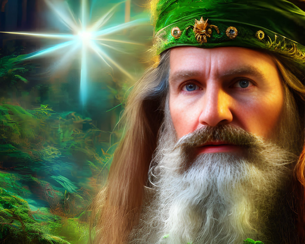 Elderly man with white beard in green headband in mystical forest