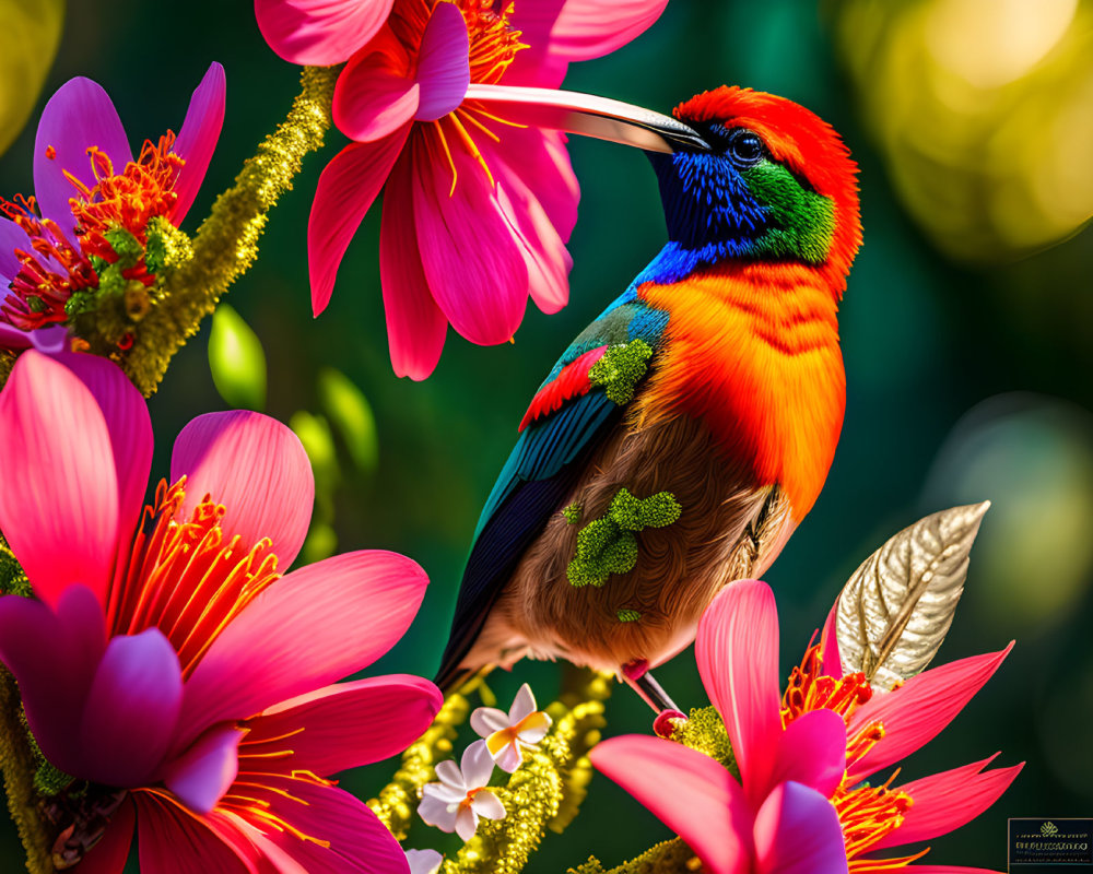 Colorful Bird Among Pink Flowers and Green Foliage