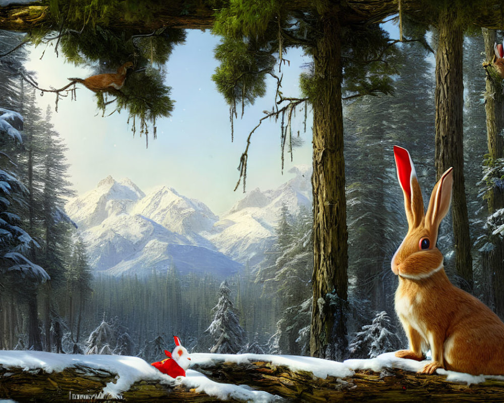 Winter forest with oversized rabbit, birds in hats, and leaping deer.