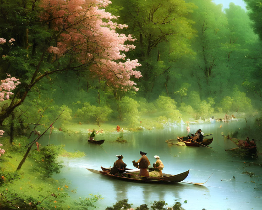 Tranquil river scene with boats and pink blooming trees