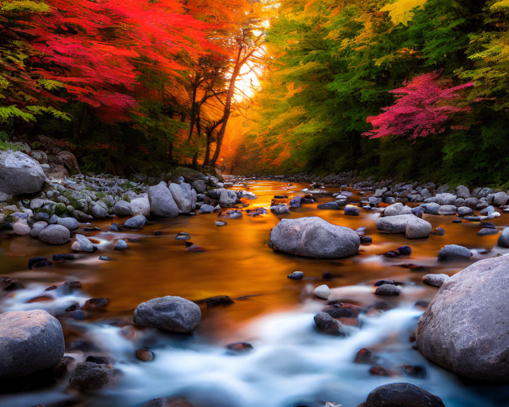 Tranquil forest river with autumn trees and smooth water