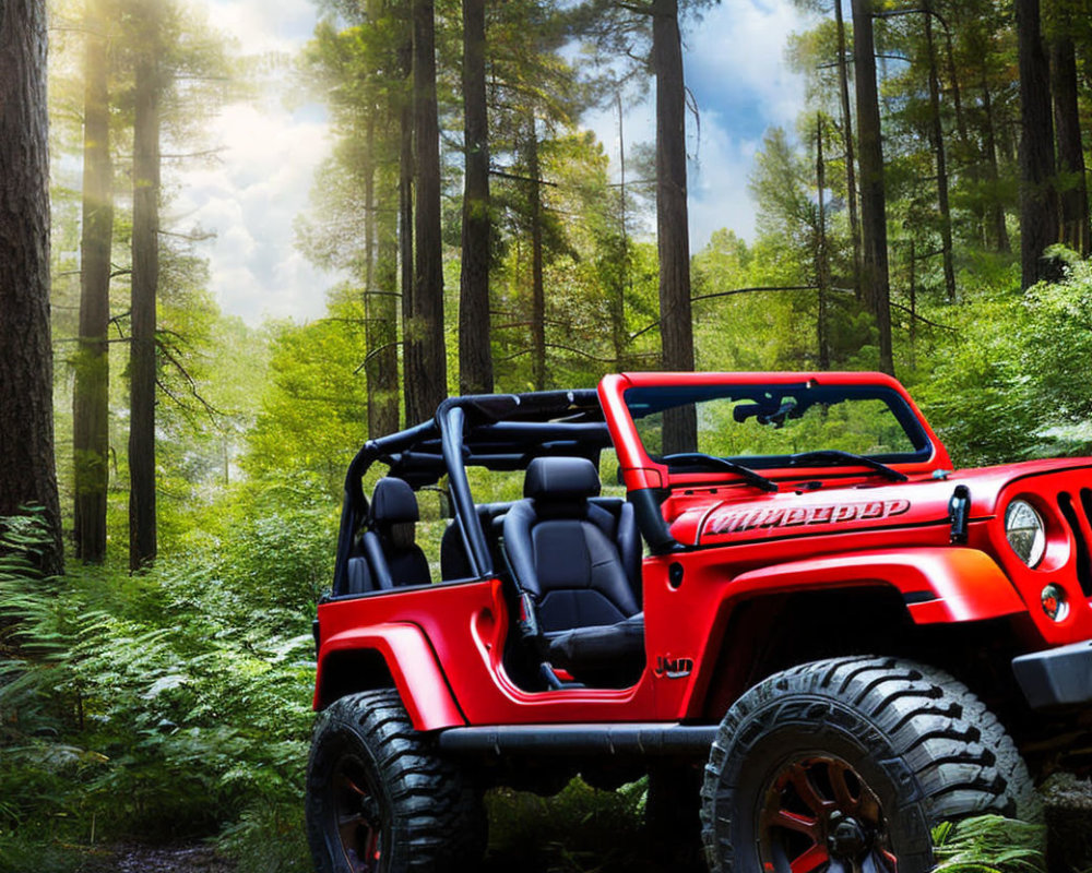 Red Off-Road Vehicle in Lush Forest Setting