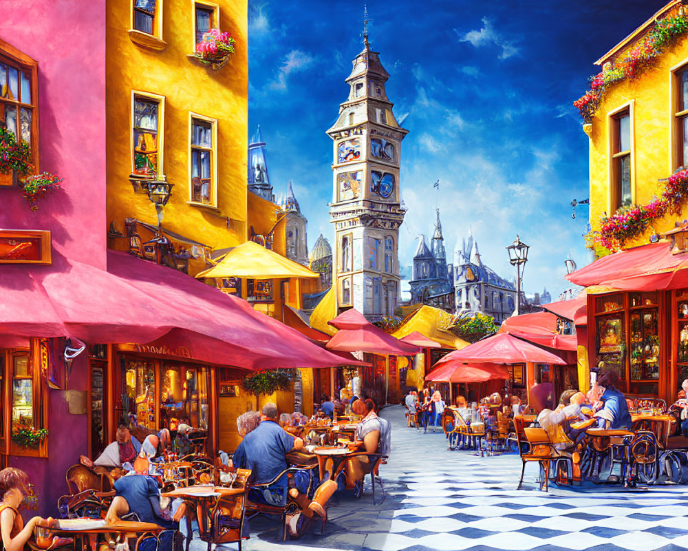 Colorful sidewalk cafes and clock tower in vibrant street scene