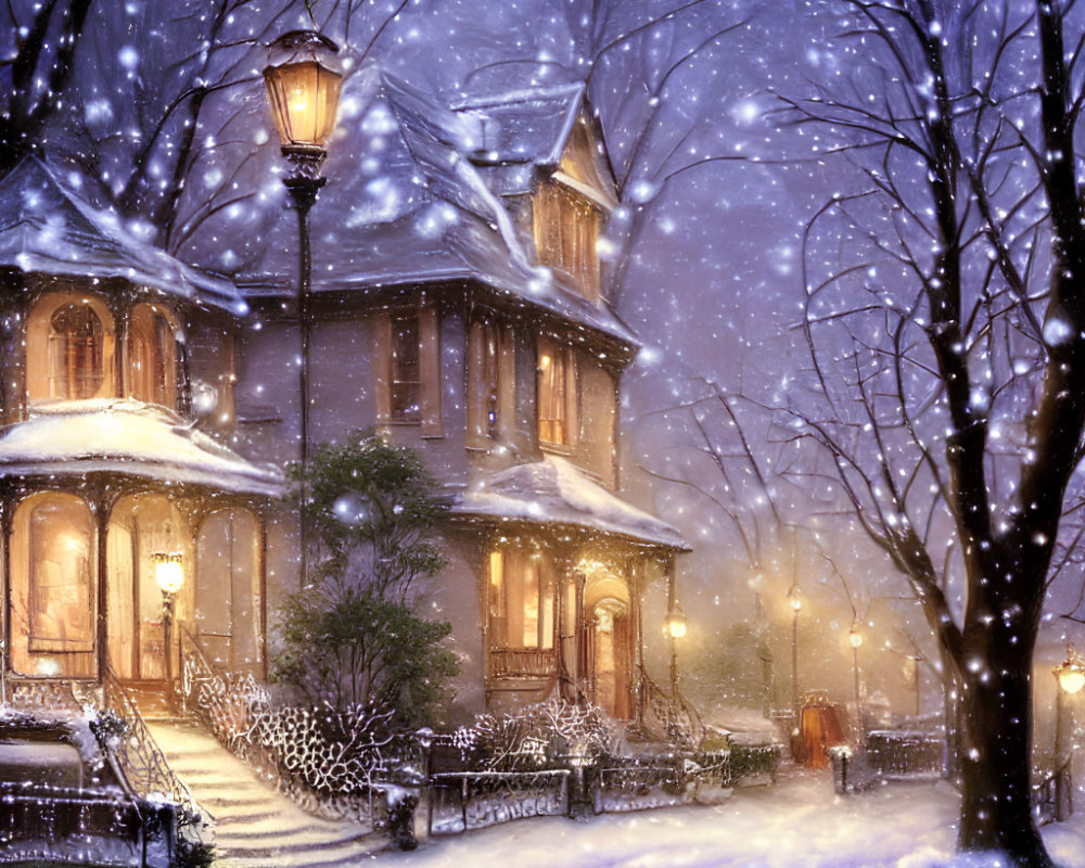 Victorian-style house in snowy night with warm lights