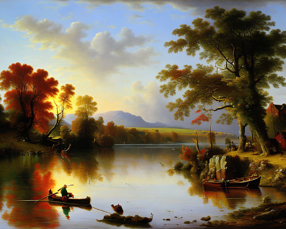 Tranquil landscape: calm river, boats, lush trees, autumn hues.