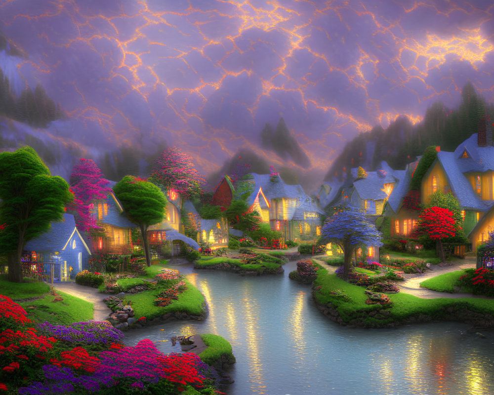 Idyllic village with cozy cottages, lush gardens, river, twilight sky