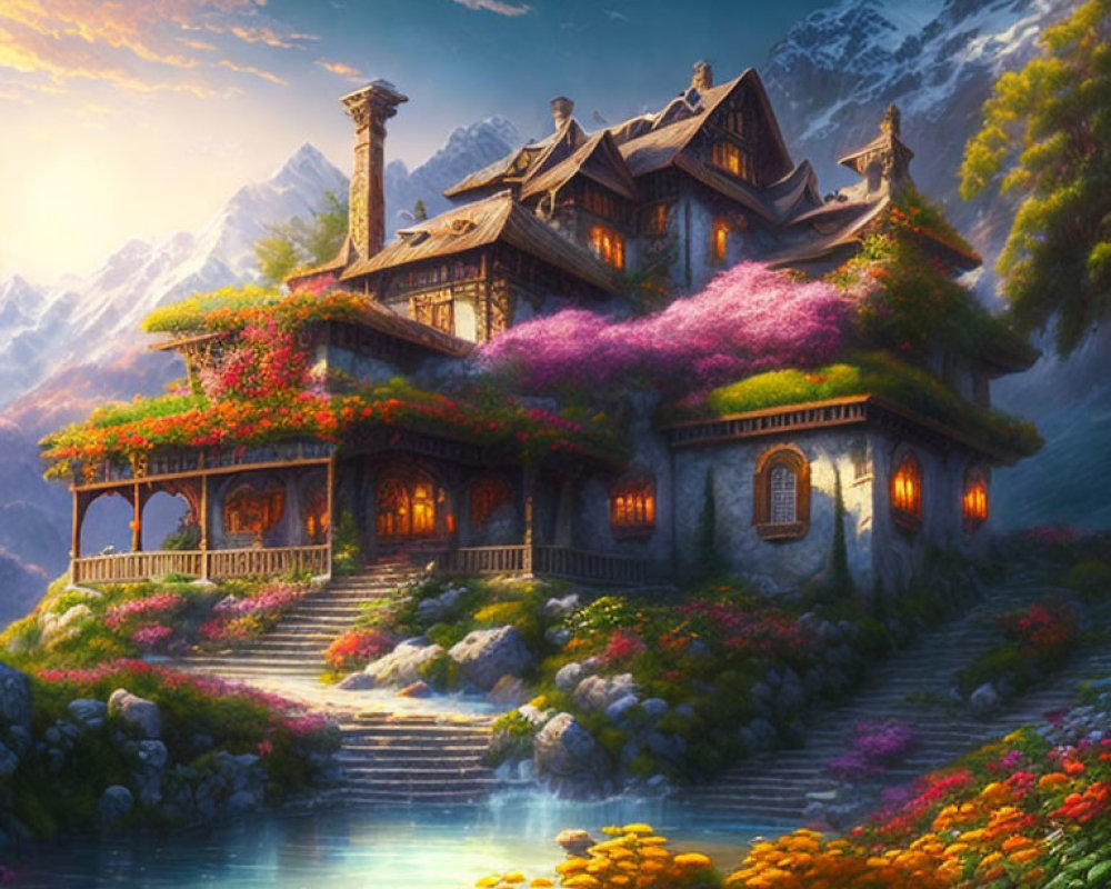 Charming Cottage with Vibrant Flowers, Mountains, and Sunset Lake