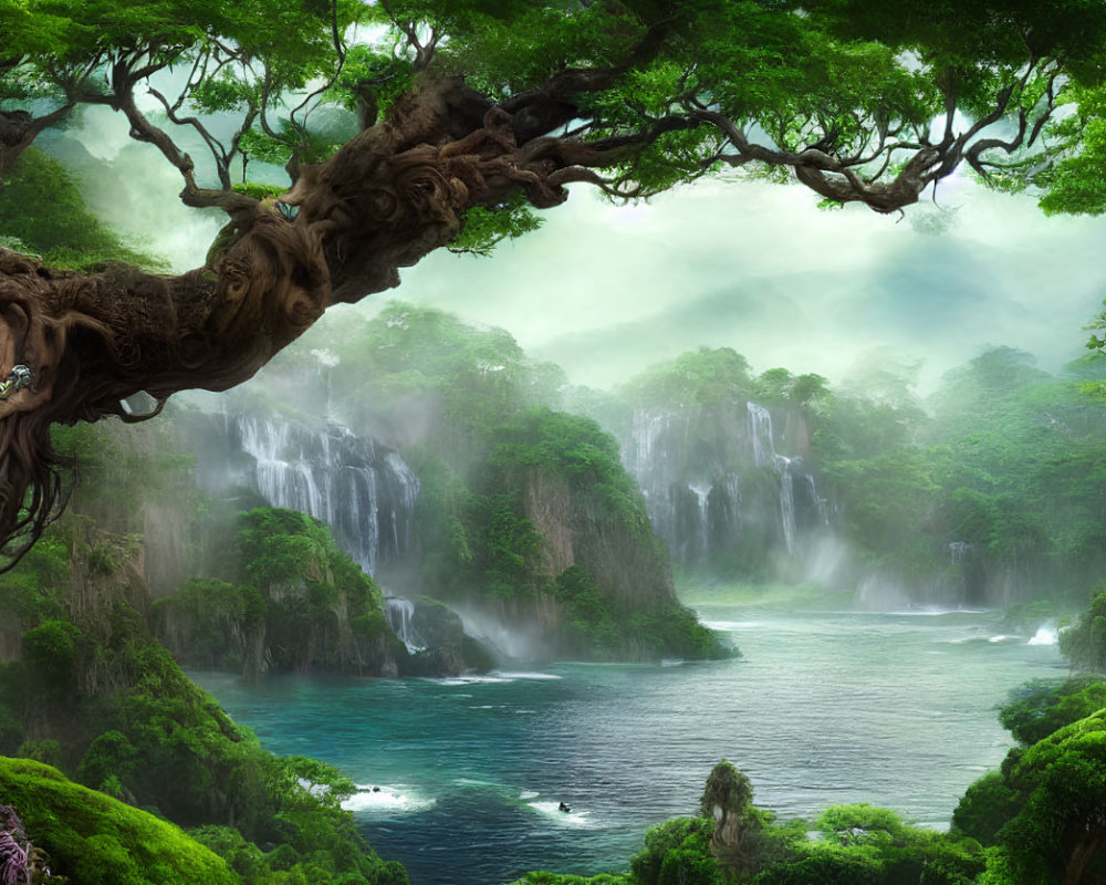 Tranquil lake with waterfalls and twisted tree branch in forest