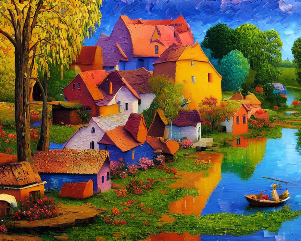 Colorful painting: Rural village, river, boat, trees under cloudy sky