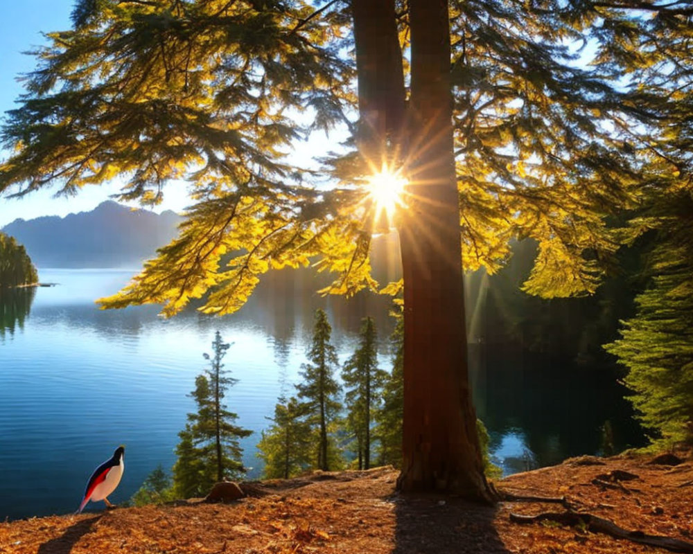 Forest lake scene with sunlight and blurred figure at sunset or sunrise