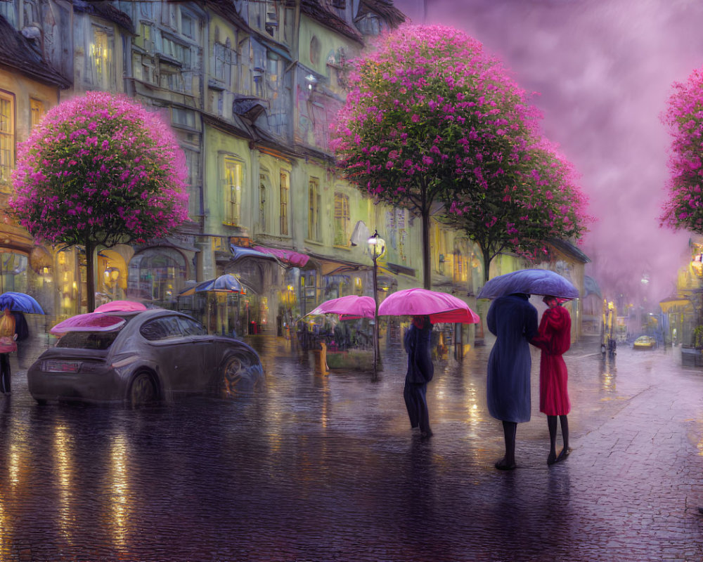 Wet cobblestone street at night with purple sky and blooming trees