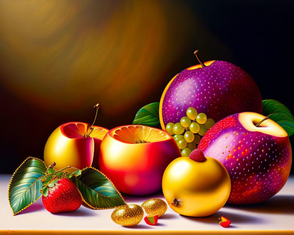 Colorful hyper-realistic fruit still life on reflective surface