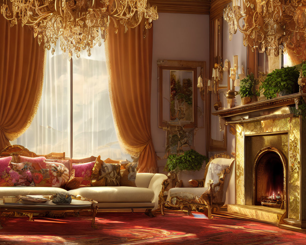 Luxurious Room with Fireplace, Chandelier, Sofas, Decor, and Sunlit Curtains