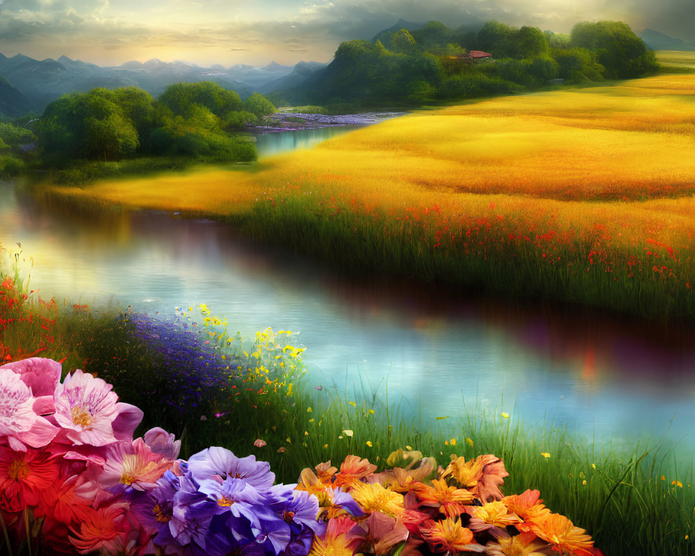 Tranquil landscape with reflective river, blooming flowers, golden fields, and distant green hills