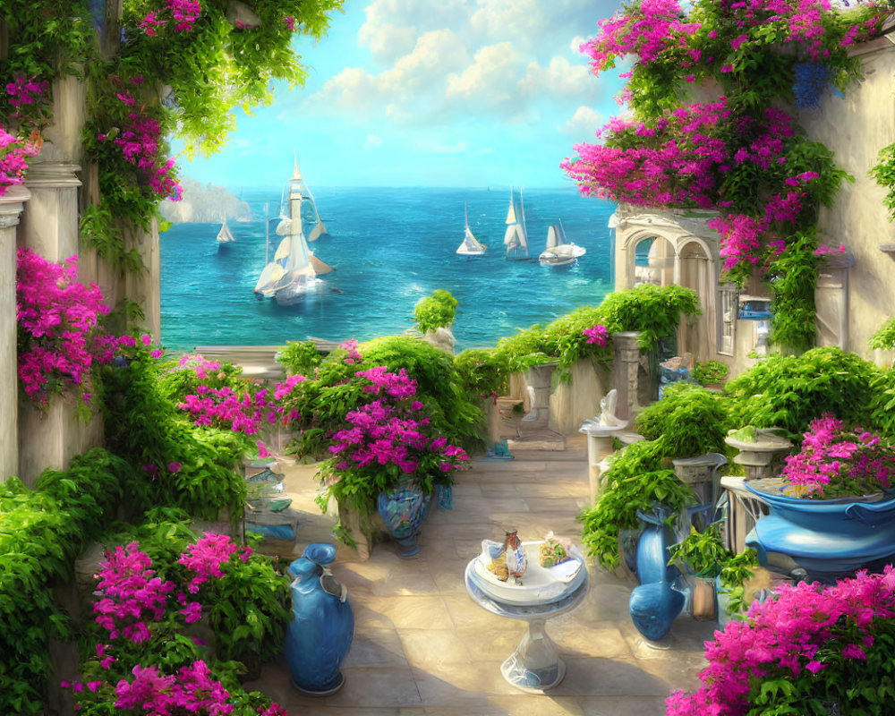 Scenic seaside view with pink flowers and sailboats