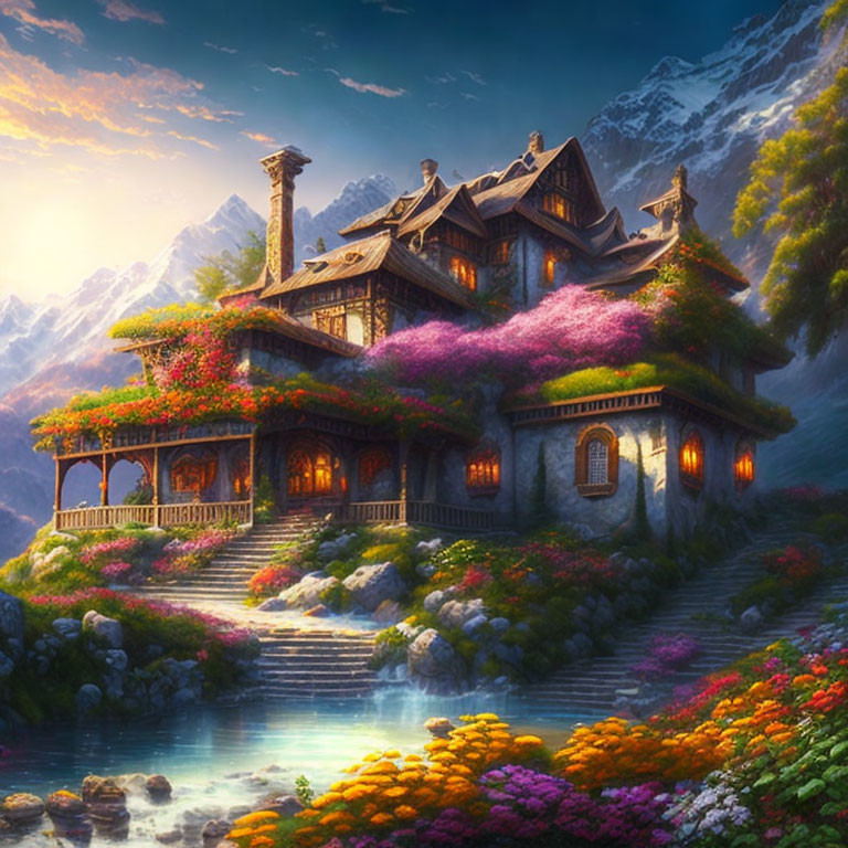 Charming Cottage with Vibrant Flowers, Mountains, and Sunset Lake