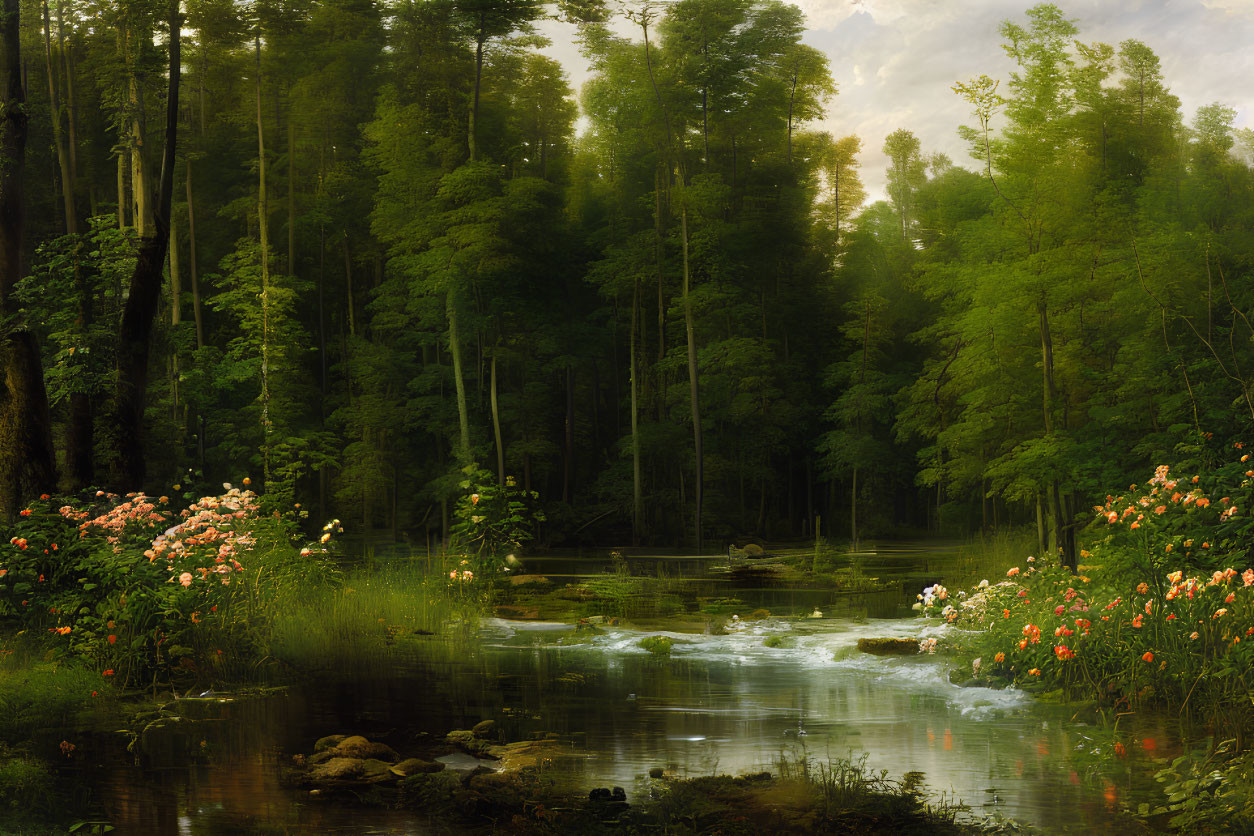 Tranquil forest scene with stream, flowers, and sunlight