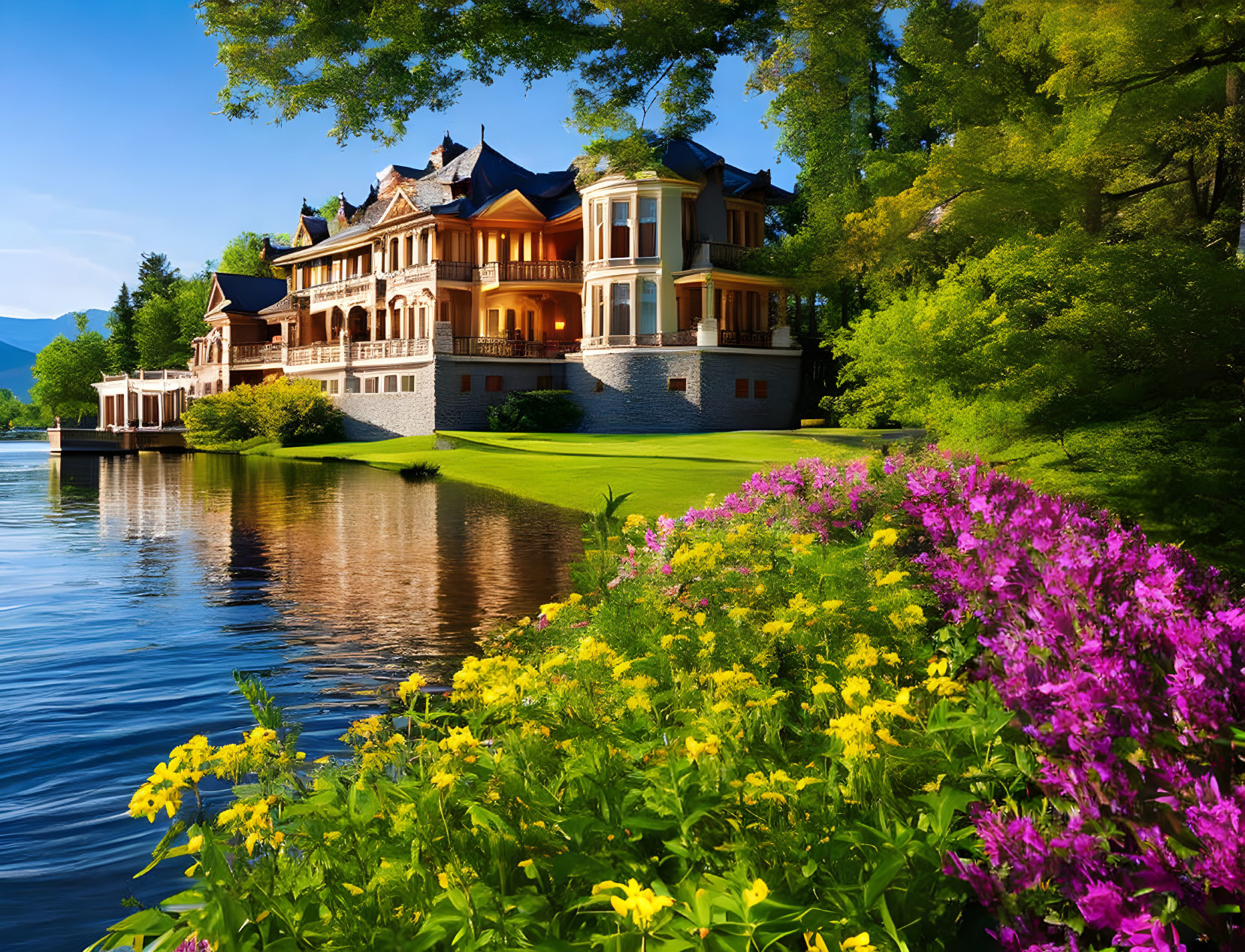 Luxurious mansion by lake with lush greenery and purple flowers