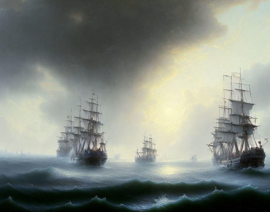 Tall ships sailing through stormy seas with lightning overhead