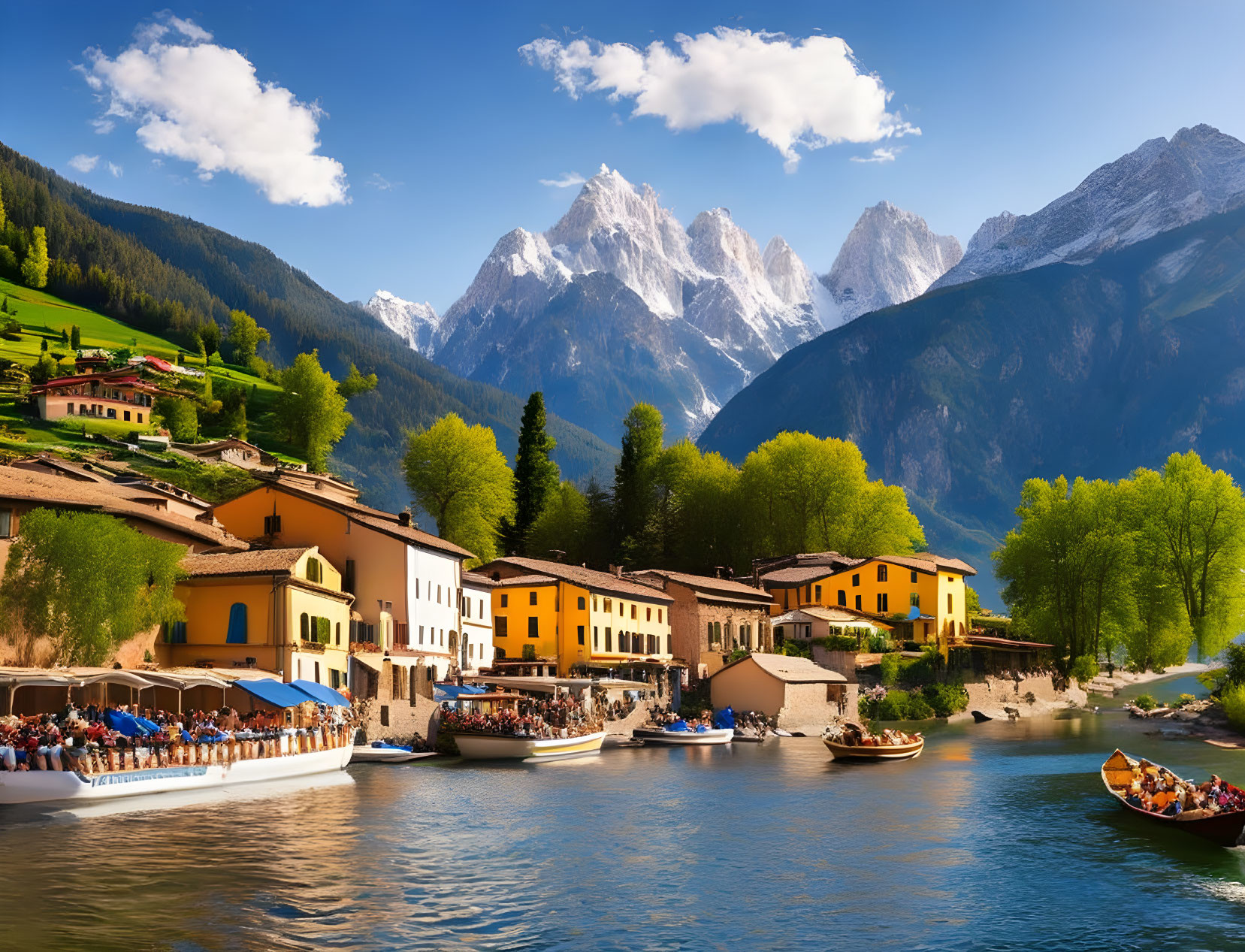 Vibrant riverside village with terracotta-roofed houses, snow-capped mountains