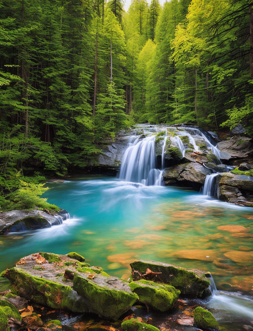 Tranquil waterfall in lush green forest