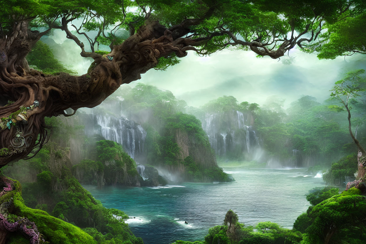 Tranquil lake with waterfalls and twisted tree branch in forest