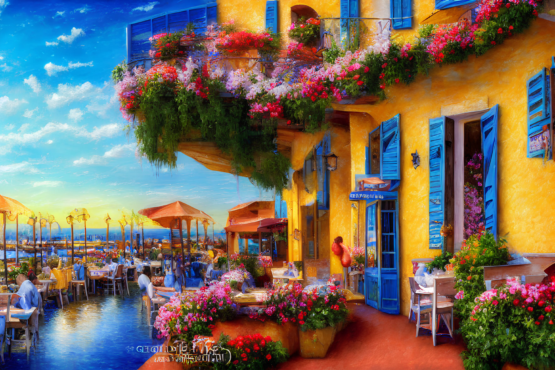 Scenic waterfront dining area with yellow building and blue sky