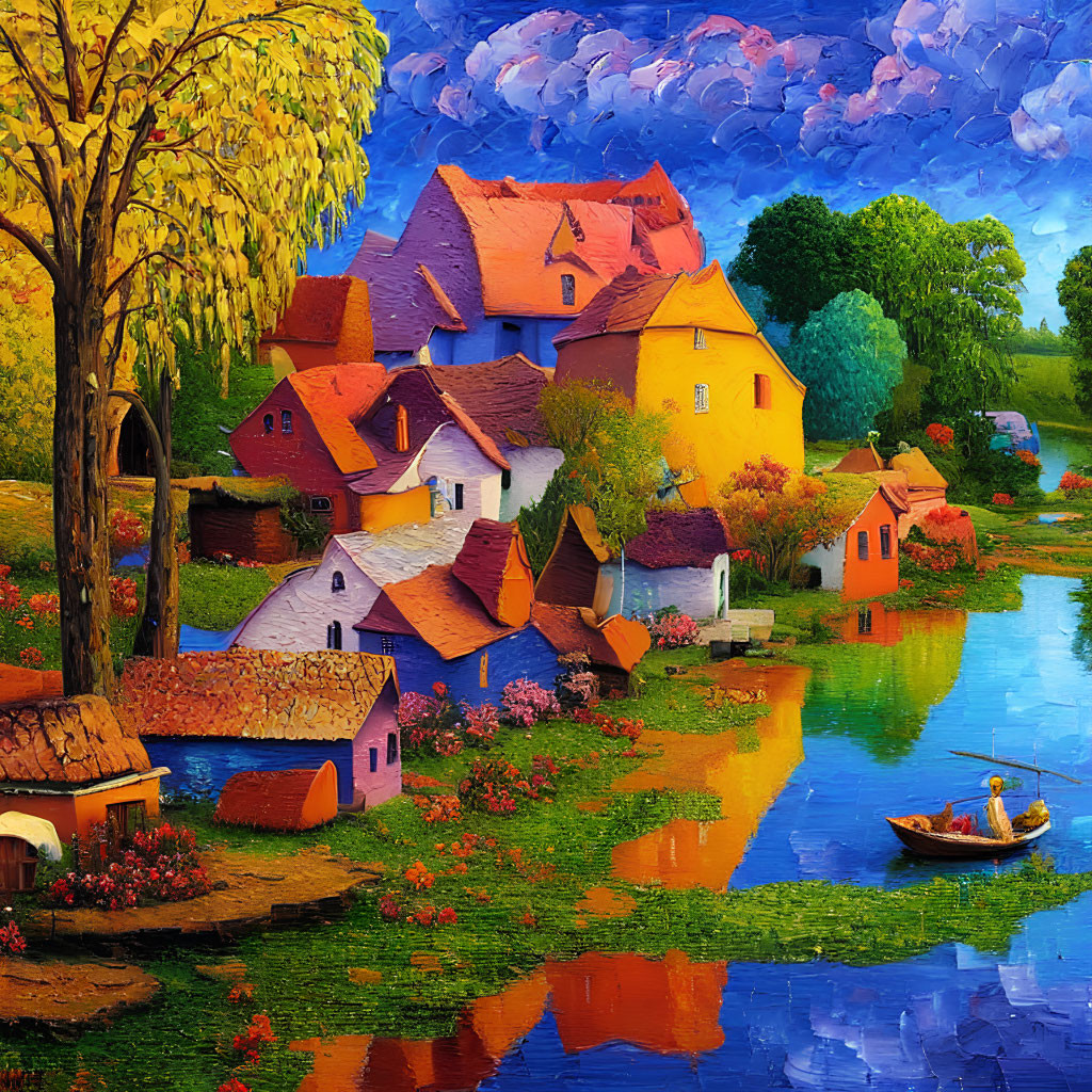 Colorful painting: Rural village, river, boat, trees under cloudy sky