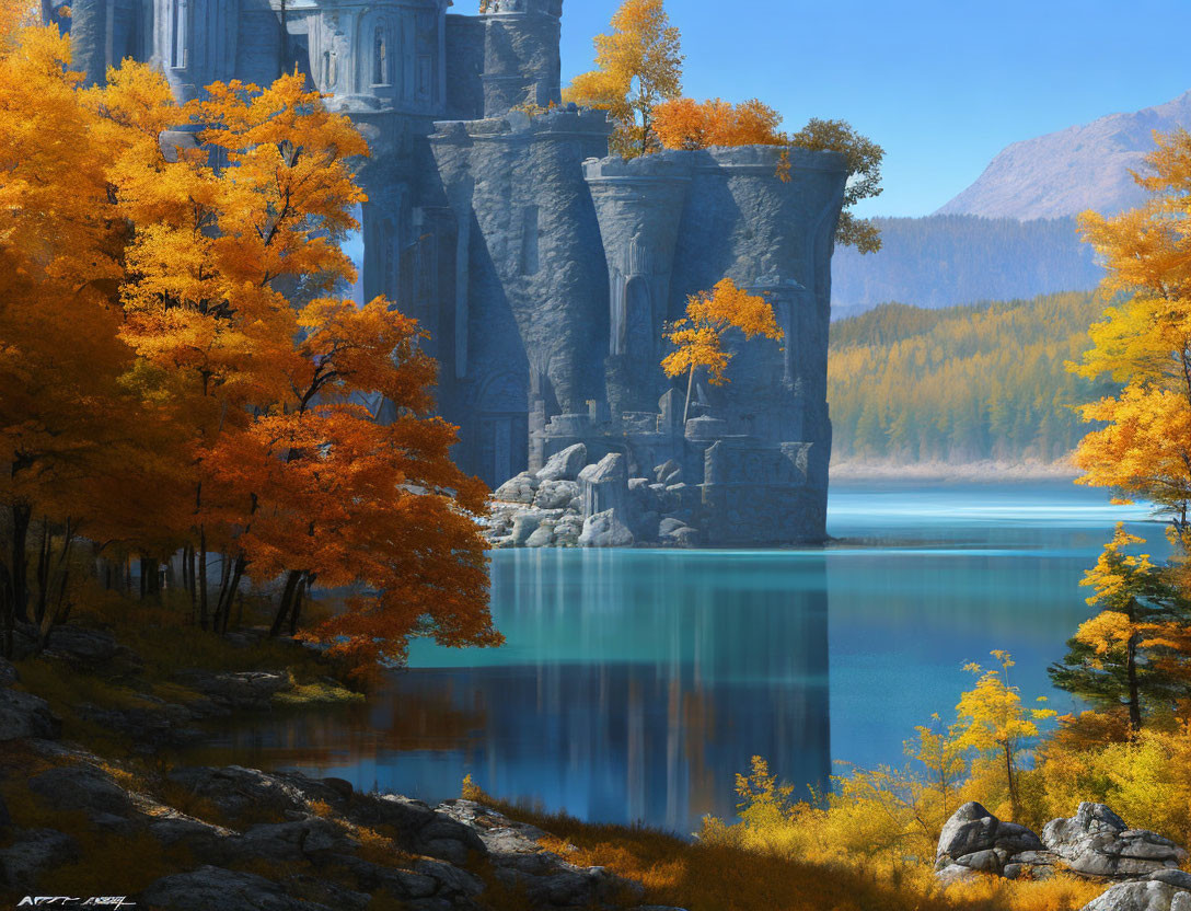 Autumn Lake Scene: Clear Waters, Castle, & Golden Trees