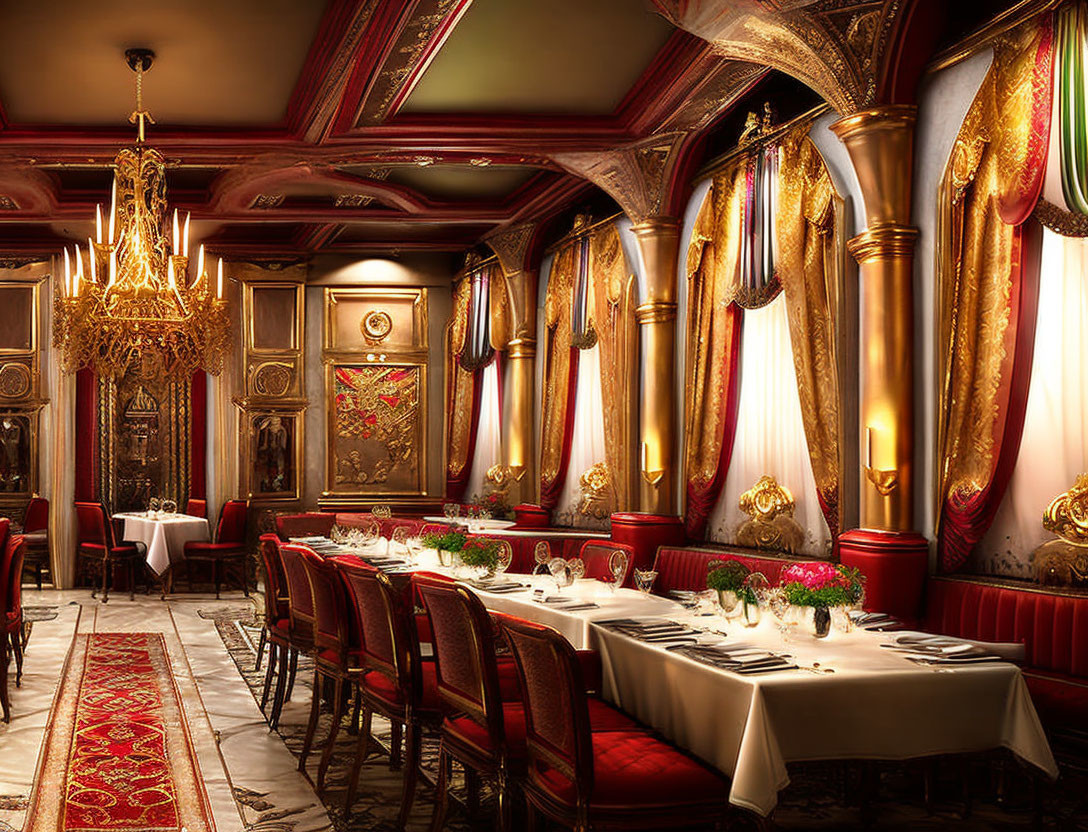 Luxurious Dining Room with Red and Gold Trims and Ornate Chandeliers