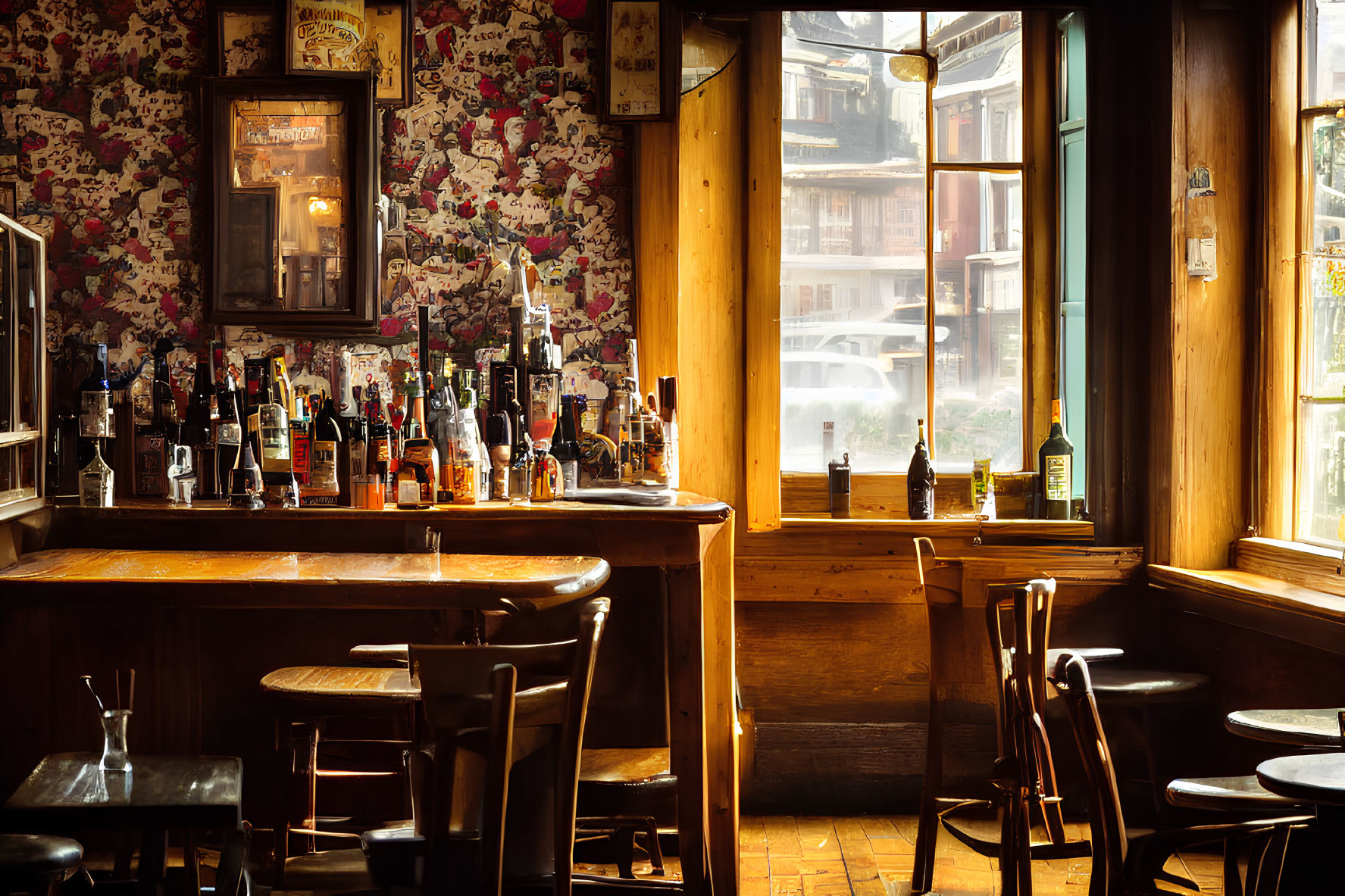 Cozy bar with wooden counter, liquor bottles, patterned wallpaper, and city street view